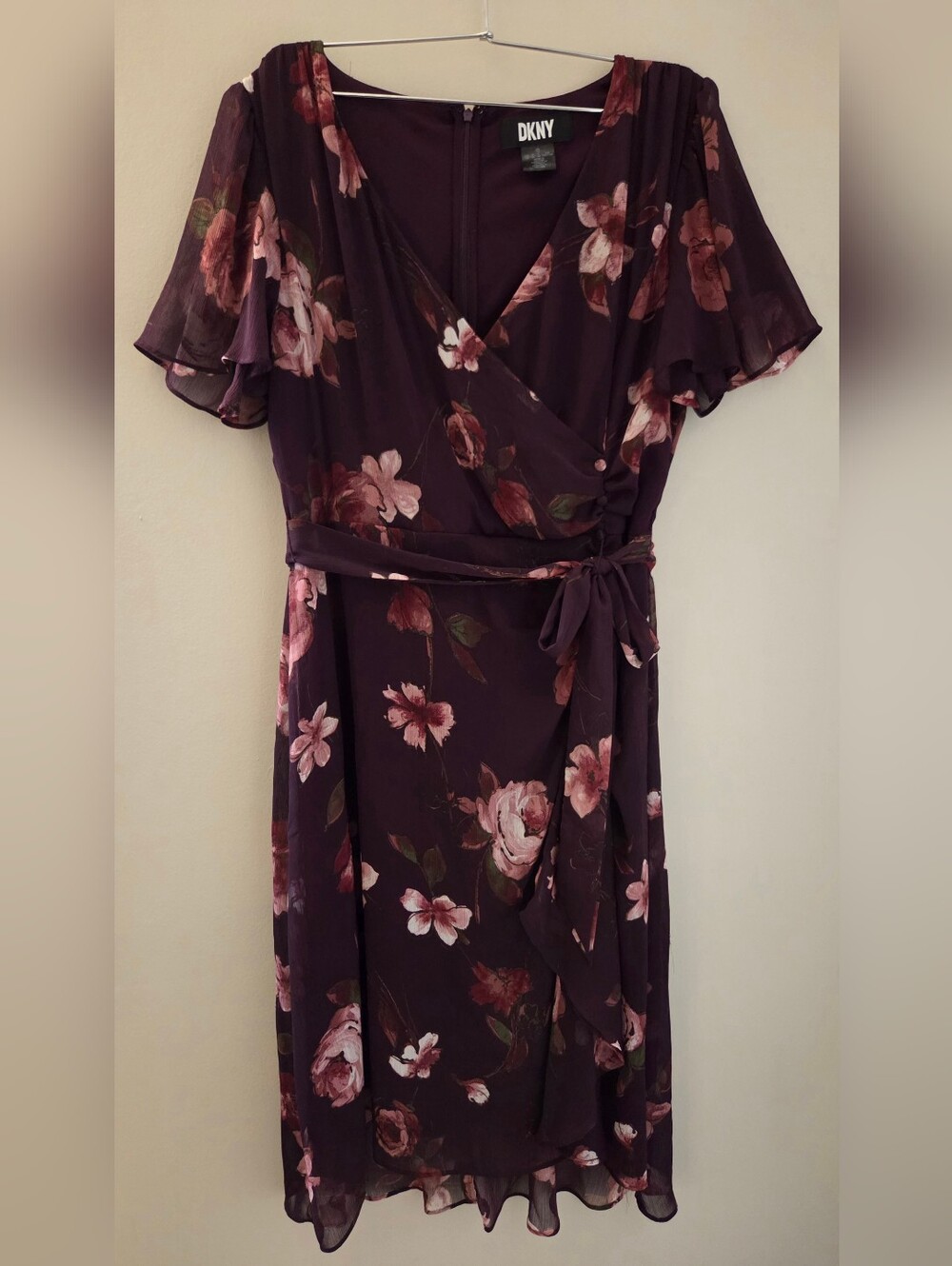 DKNY Plum Floral Wrap Midi Dress